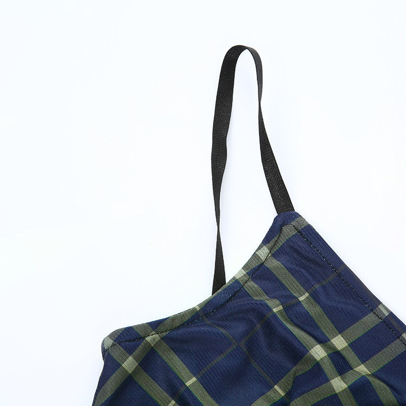 Sexy Bow Lace-Up Mini Dress in Grunge Style / Women Double Layer Mesh Backless Plaid Dress - image 9