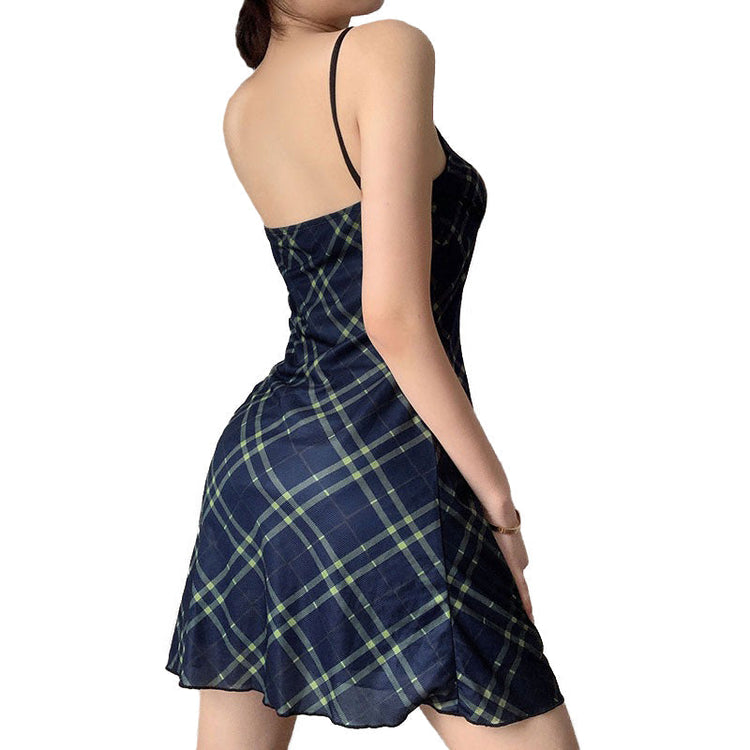 Sexy Bow Lace-Up Mini Dress in Grunge Style / Women Double Layer Mesh Backless Plaid Dress - image 2
