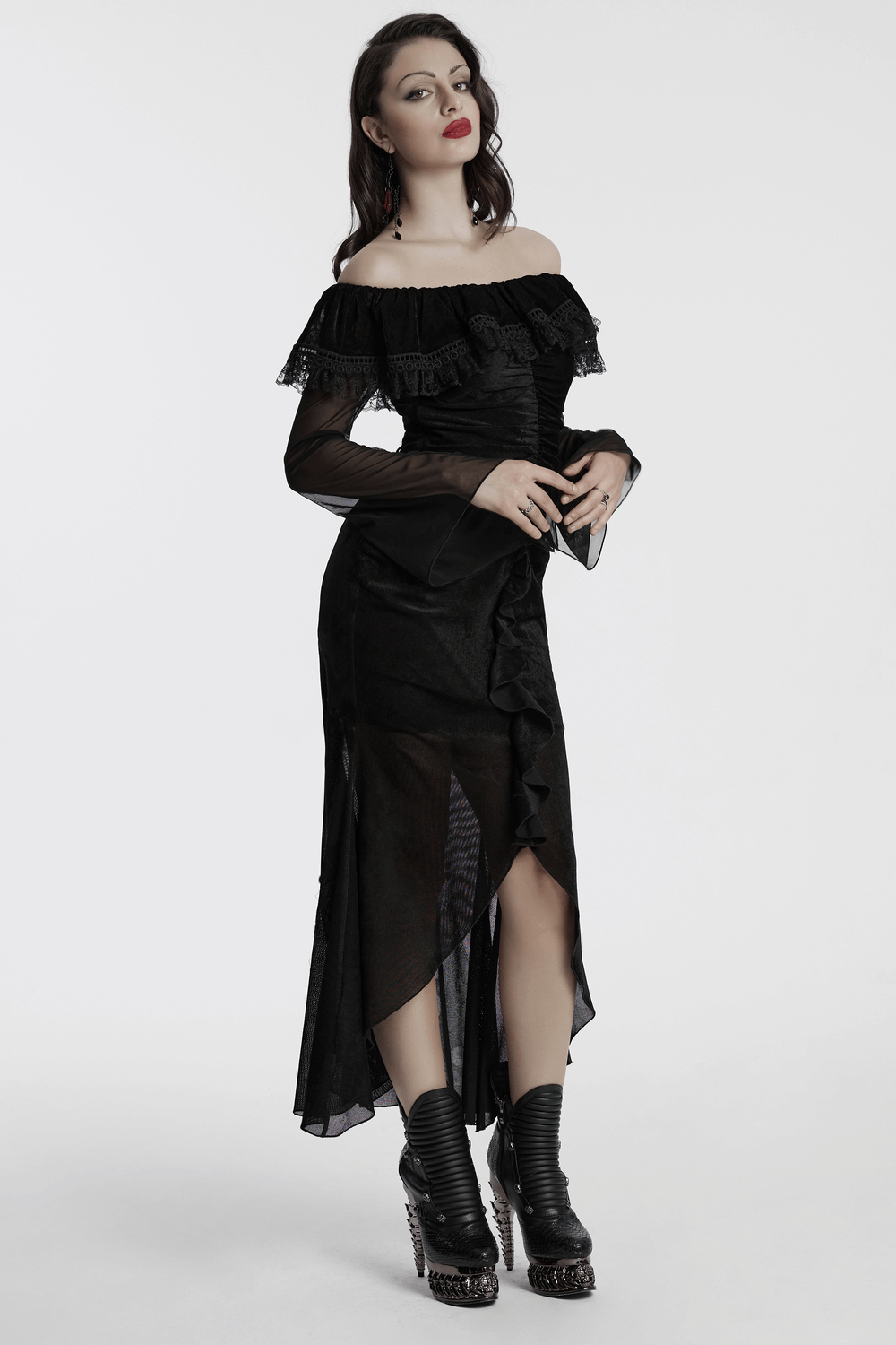 Sexy Goth Mesh Dress with Ruffle and Fishtail Hem Design - image 11