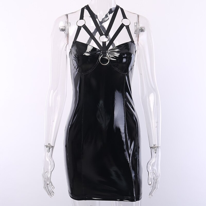 Sexy Gothic Women's Bodycon Mini Dress of Leather / Vintage Black Dress with high waist - image 4