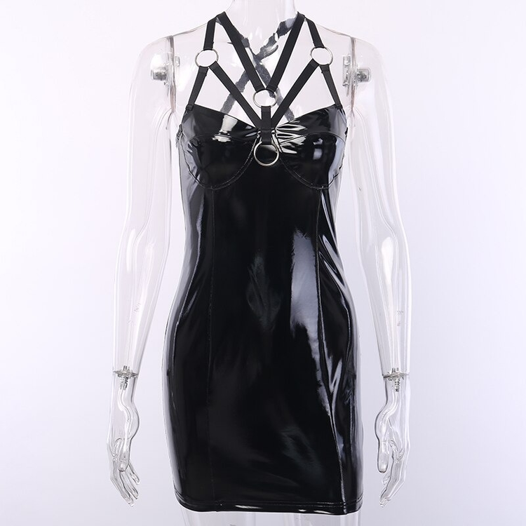 Sexy Gothic Women's Bodycon Mini Dress of Leather / Vintage Black Dress with high waist - image 4