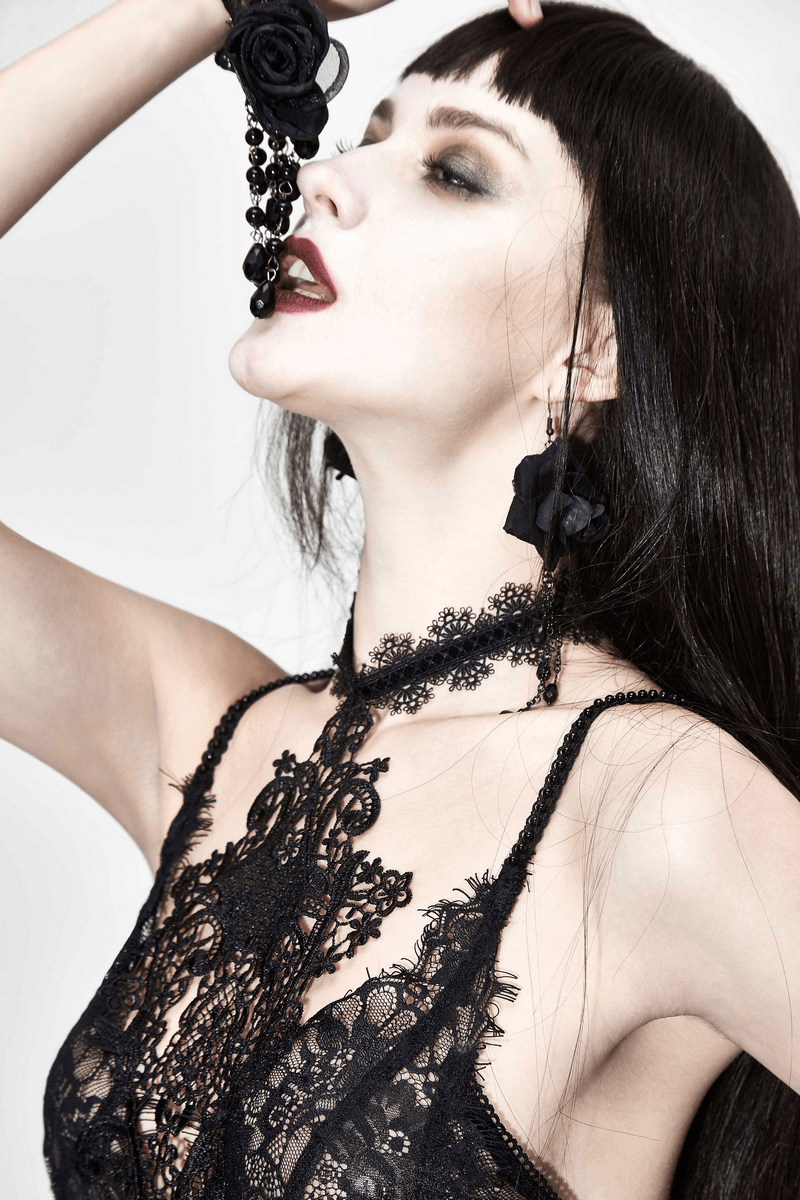 Sexy Long Transparent Lace Dress / Romantic Black Dresses With Lace Chocker - image 9