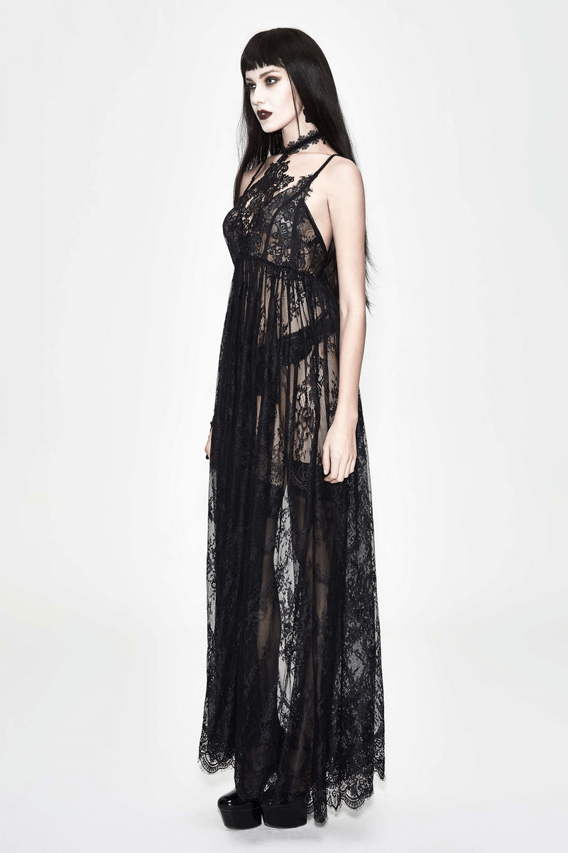 Sexy Long Transparent Lace Dress / Romantic Black Dresses With Lace Chocker - image 15