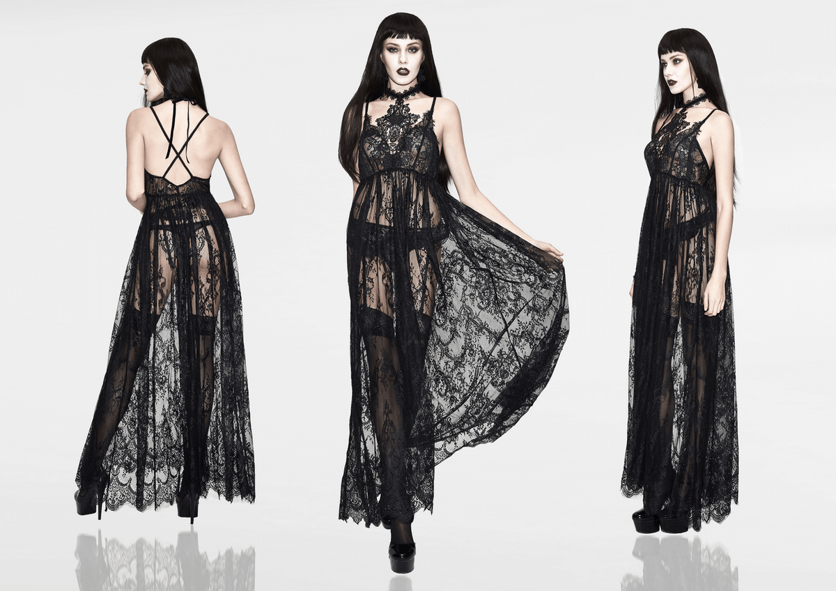 Sexy Long Transparent Lace Dress / Romantic Black Dresses With Lace Chocker - image 16