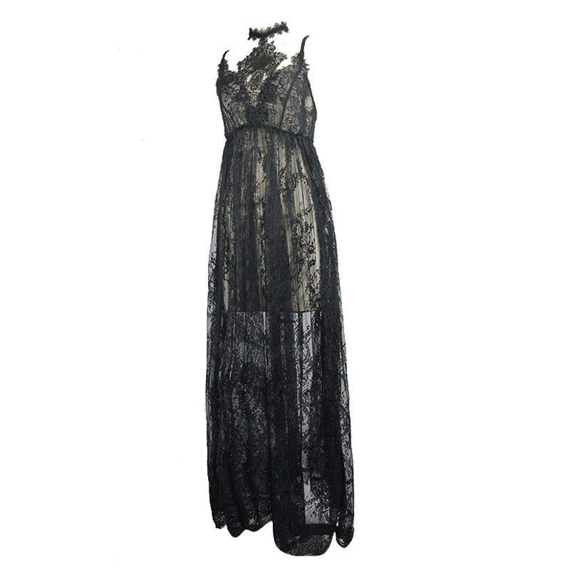 Sexy Long Transparent Lace Dress / Romantic Black Dresses With Lace Chocker - image 4