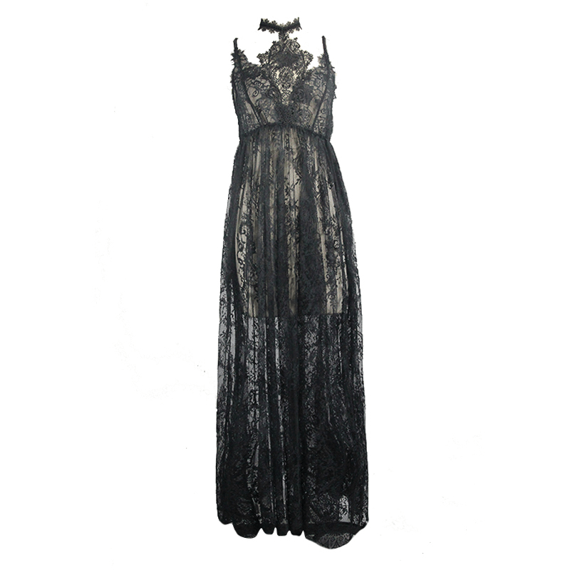 Sexy Long Transparent Lace Dress / Romantic Black Dresses With Lace Chocker - image 3