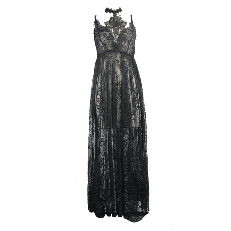 Sexy Long Transparent Lace Dress / Romantic Black Dresses With Lace Chocker - image 3