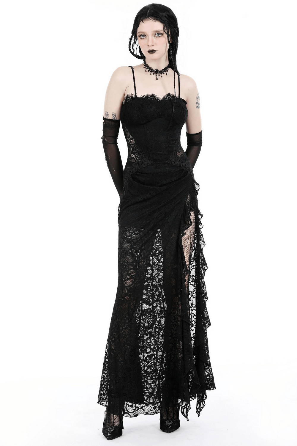 Sexy Sheer Black Lace Maxi Dress with Side Slit - image 1