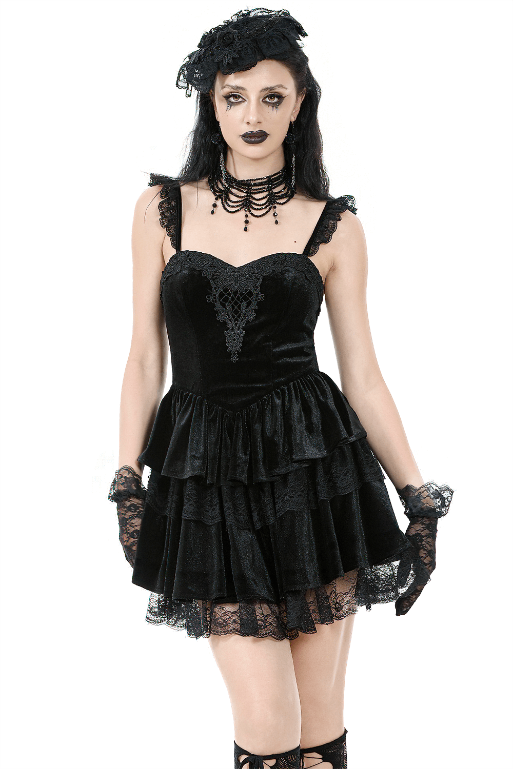 Sexy Velvet Lace Tiered Mini Dress with Corset and Ruffles - image 1