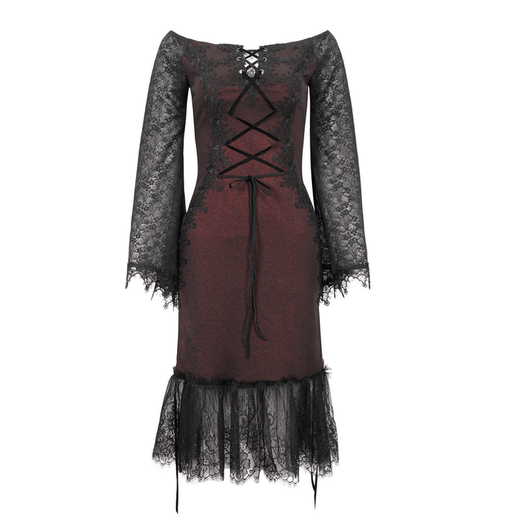 Sexy Women's Off Shoulder Lace Dress / Gothic Wine Red Splice Dresses - image 6