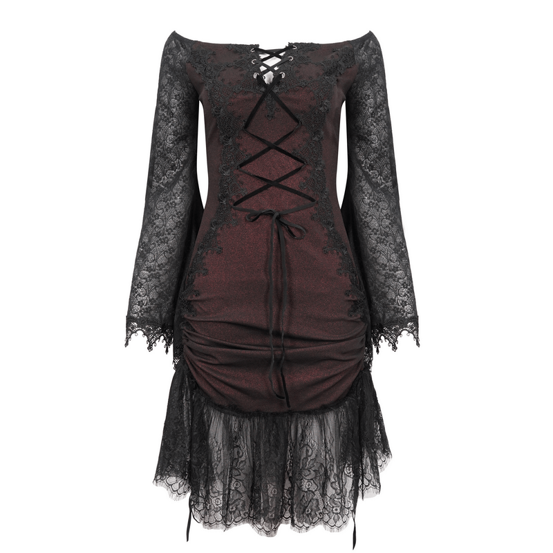 Sexy Women's Off Shoulder Lace Dress / Gothic Wine Red Splice Dresses - image 3