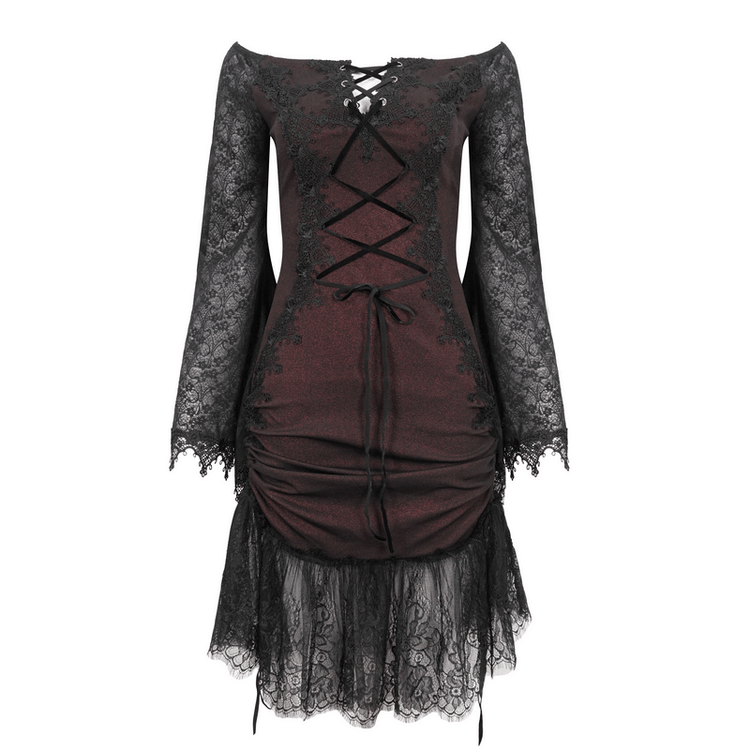 Sexy Women's Off Shoulder Lace Dress / Gothic Wine Red Splice Dresses - image 3
