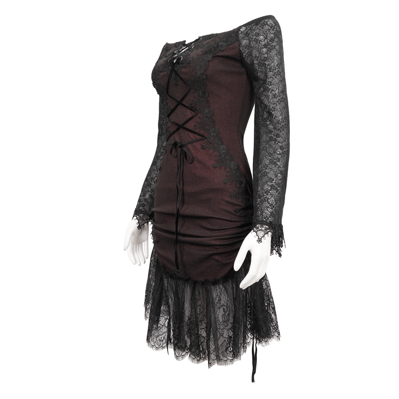 Sexy Women's Off Shoulder Lace Dress / Gothic Wine Red Splice Dresses - image 5