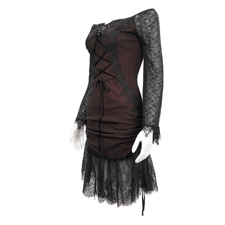 Sexy Women's Off Shoulder Lace Dress / Gothic Wine Red Splice Dresses - image 5