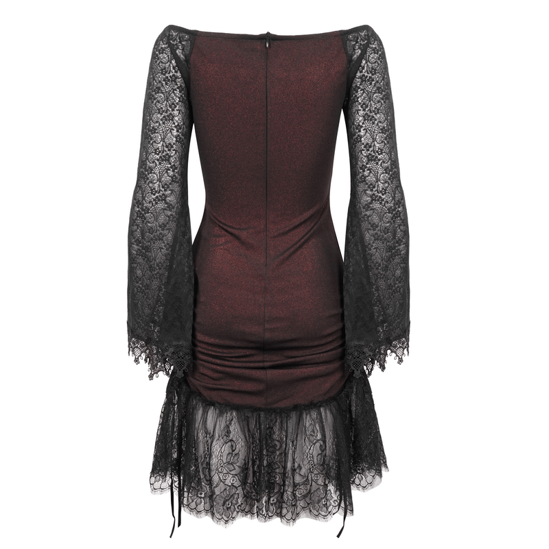 Sexy Women's Off Shoulder Lace Dress / Gothic Wine Red Splice Dresses - image 4