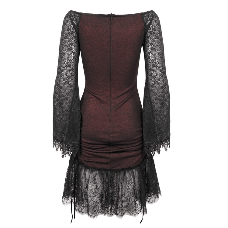 Sexy Women's Off Shoulder Lace Dress / Gothic Wine Red Splice Dresses - image 4