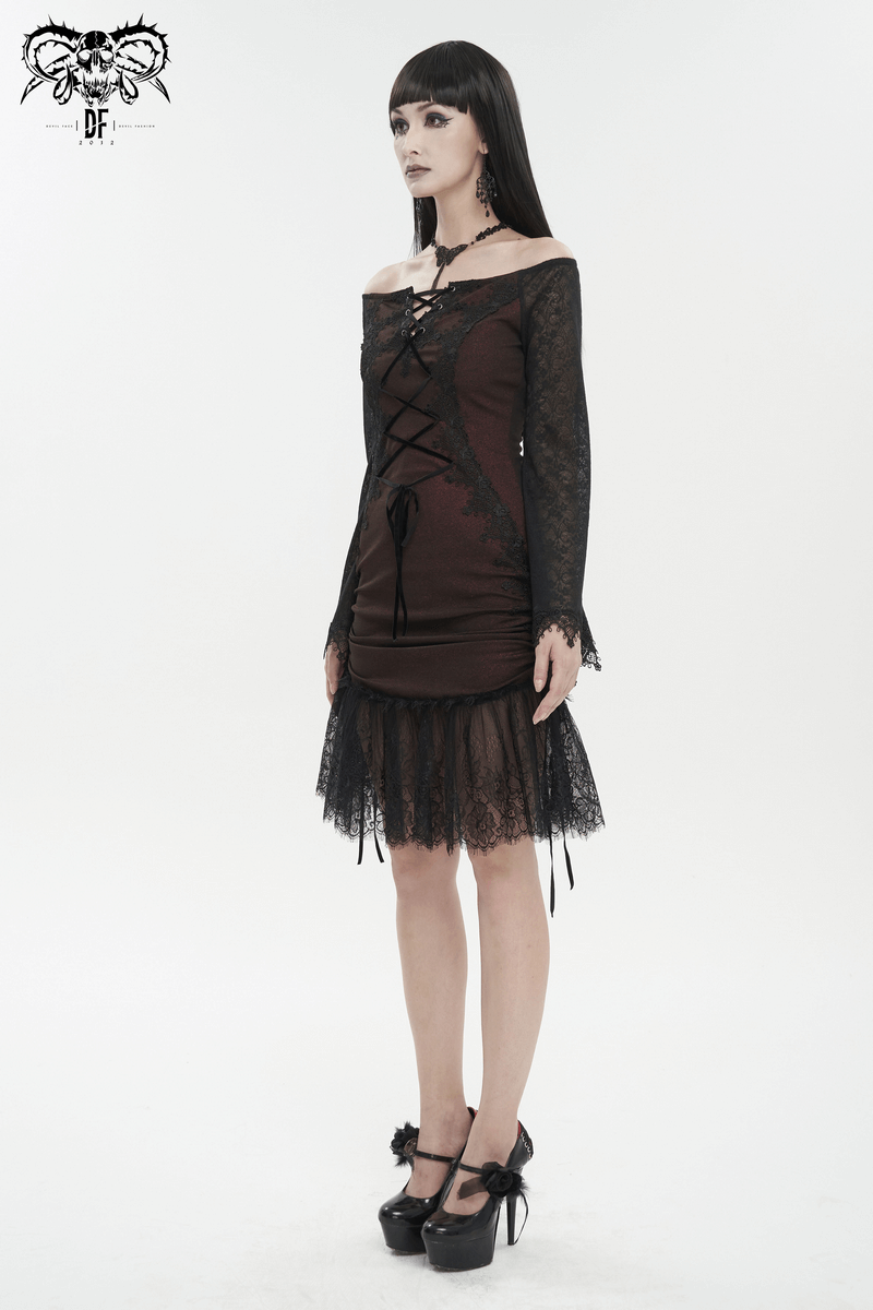 Sexy Women's Off Shoulder Lace Dress / Gothic Wine Red Splice Dresses - image 12