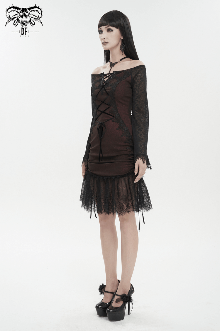 Sexy Women's Off Shoulder Lace Dress / Gothic Wine Red Splice Dresses - image 12
