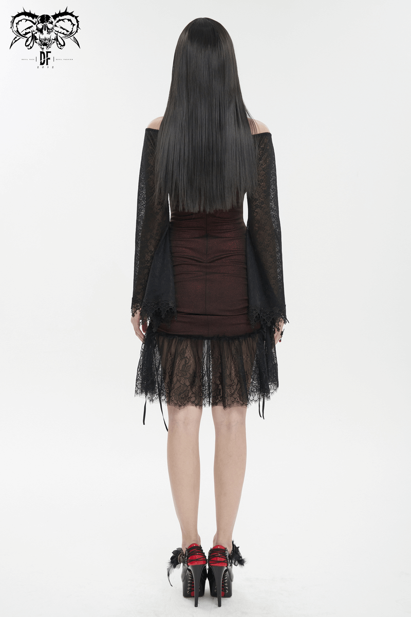 Sexy Women's Off Shoulder Lace Dress / Gothic Wine Red Splice Dresses - image 11