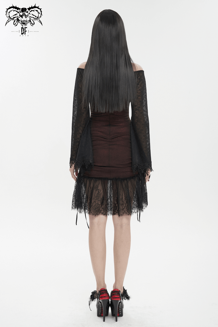 Sexy Women's Off Shoulder Lace Dress / Gothic Wine Red Splice Dresses - image 11