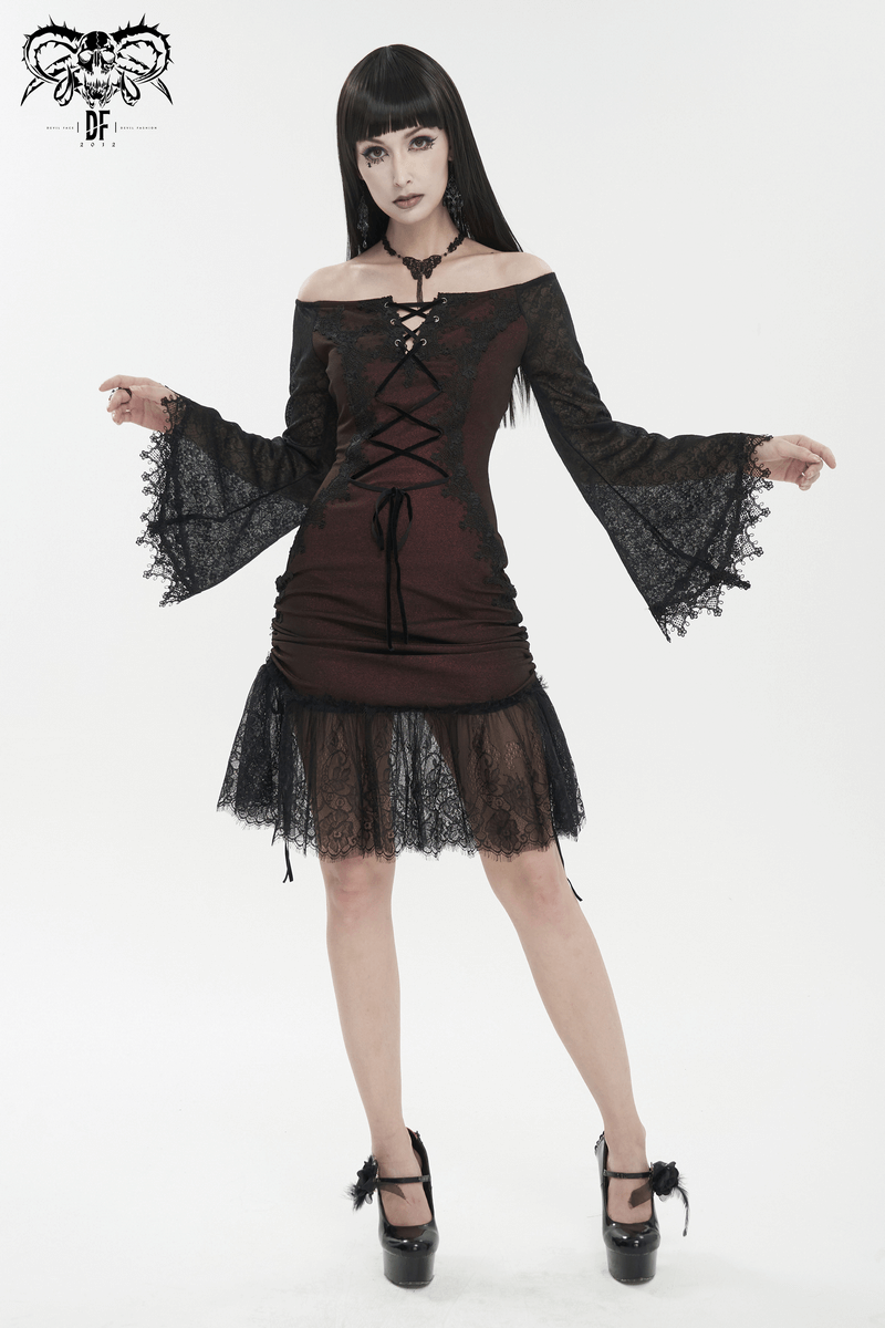Sexy Women's Off Shoulder Lace Dress / Gothic Wine Red Splice Dresses - image 10