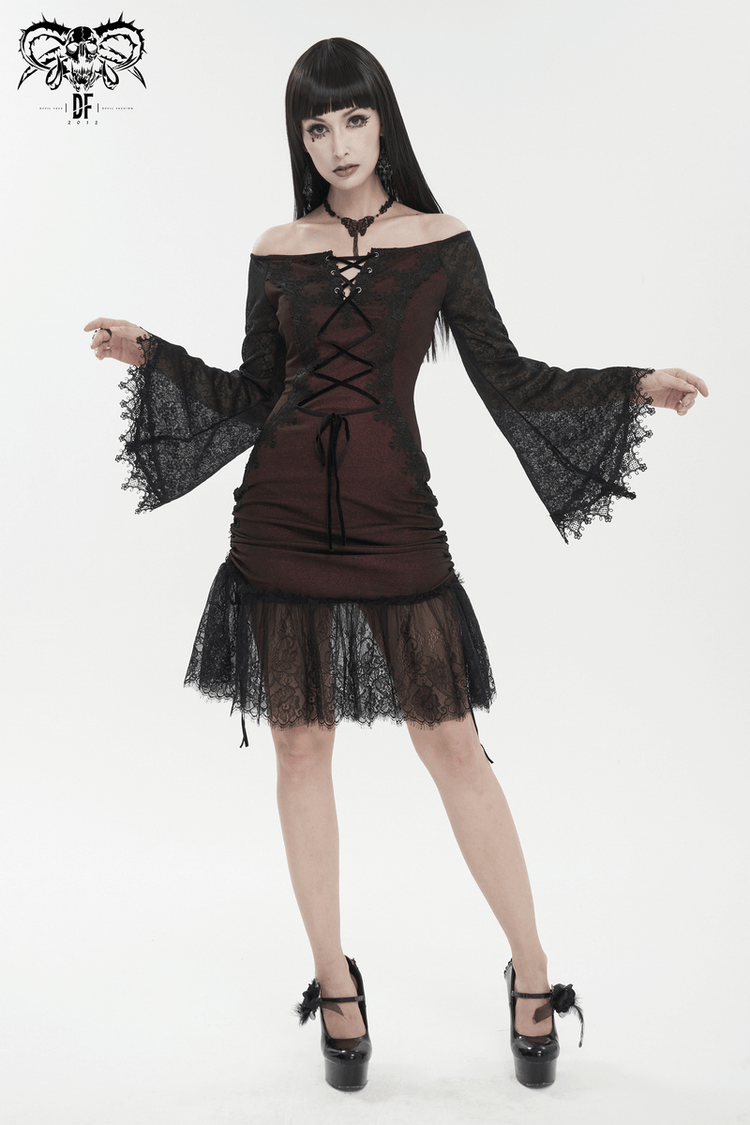 Sexy Women's Off Shoulder Lace Dress / Gothic Wine Red Splice Dresses - image 10