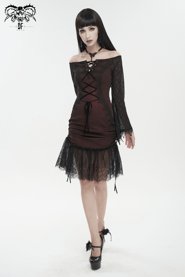 Sexy Women's Off Shoulder Lace Dress / Gothic Wine Red Splice Dresses - image 9