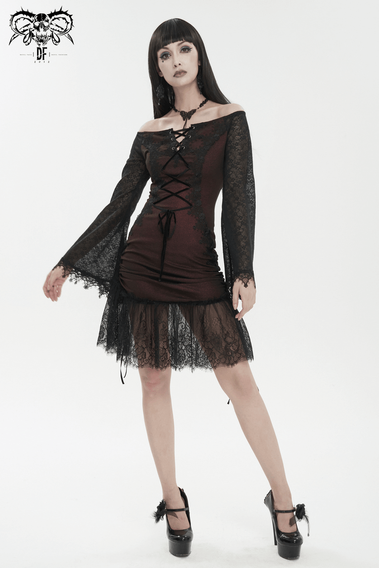 Sexy Women's Off Shoulder Lace Dress / Gothic Wine Red Splice Dresses - image 8