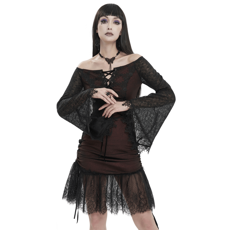 Sexy Women's Off Shoulder Lace Dress / Gothic Wine Red Splice Dresses - image 1