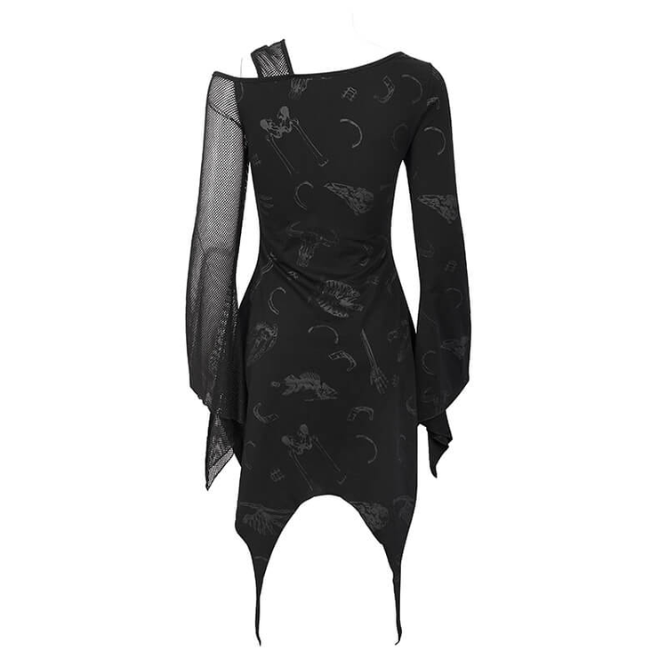 Sexy Women's Dress with Mesh Sleeve & Alternative Print / Gothic Asymmetrical Short Dress - image 3