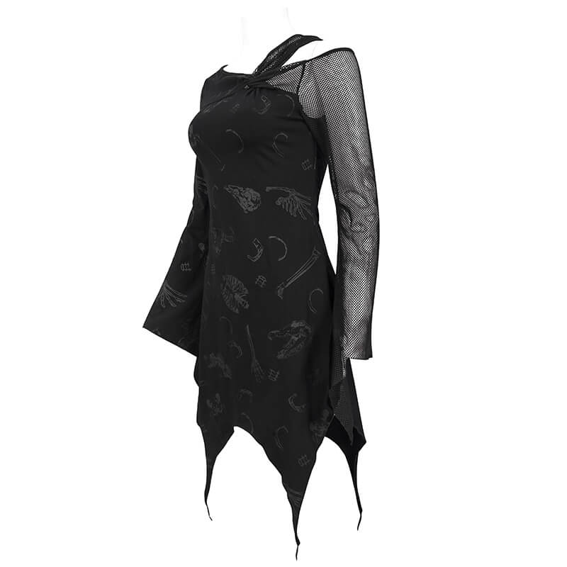Sexy Women's Dress with Mesh Sleeve & Alternative Print / Gothic Asymmetrical Short Dress - image 4