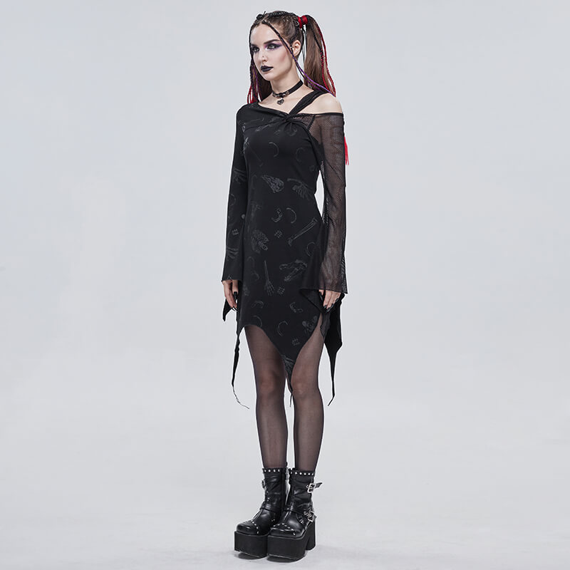 Sexy Women's Dress with Mesh Sleeve & Alternative Print / Gothic Asymmetrical Short Dress - image 7
