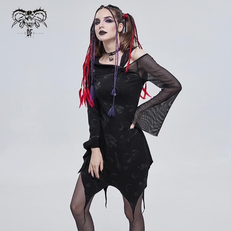 Sexy Women's Dress with Mesh Sleeve & Alternative Print / Gothic Asymmetrical Short Dress - image 8