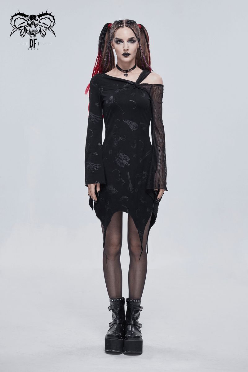 Sexy Women's Dress with Mesh Sleeve & Alternative Print / Gothic Asymmetrical Short Dress - image 9