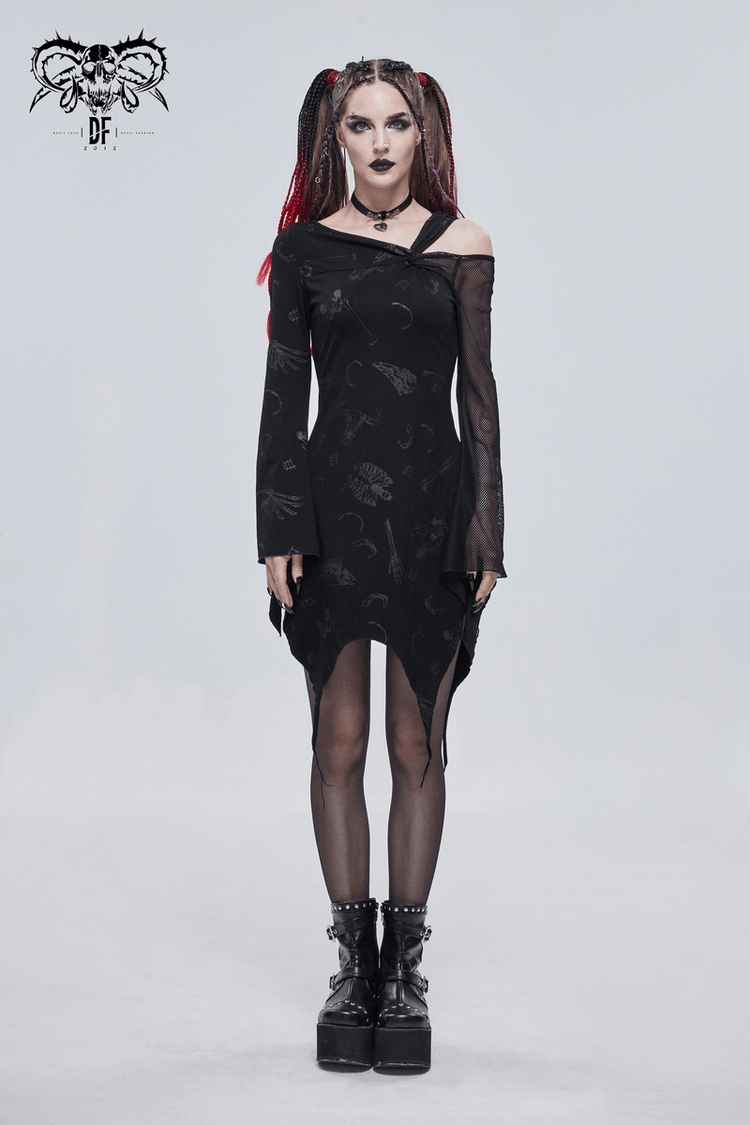 Sexy Women's Dress with Mesh Sleeve & Alternative Print / Gothic Asymmetrical Short Dress - image 9