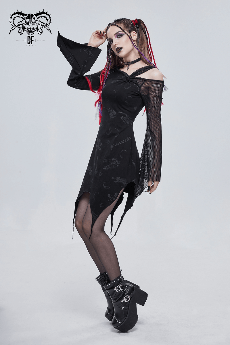 Sexy Women's Dress with Mesh Sleeve & Alternative Print / Gothic Asymmetrical Short Dress - image 12
