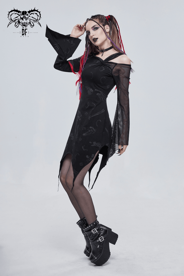 Sexy Women's Dress with Mesh Sleeve & Alternative Print / Gothic Asymmetrical Short Dress - image 12