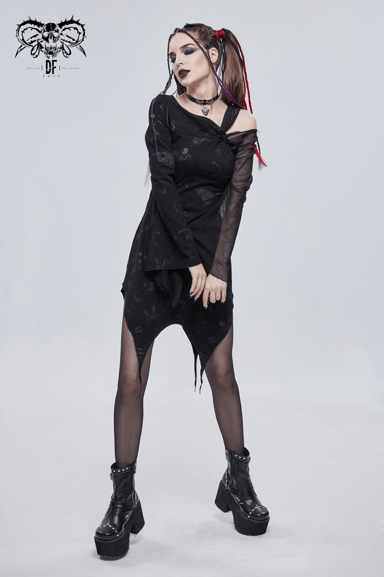 Sexy Women's Dress with Mesh Sleeve & Alternative Print / Gothic Asymmetrical Short Dress - image 11