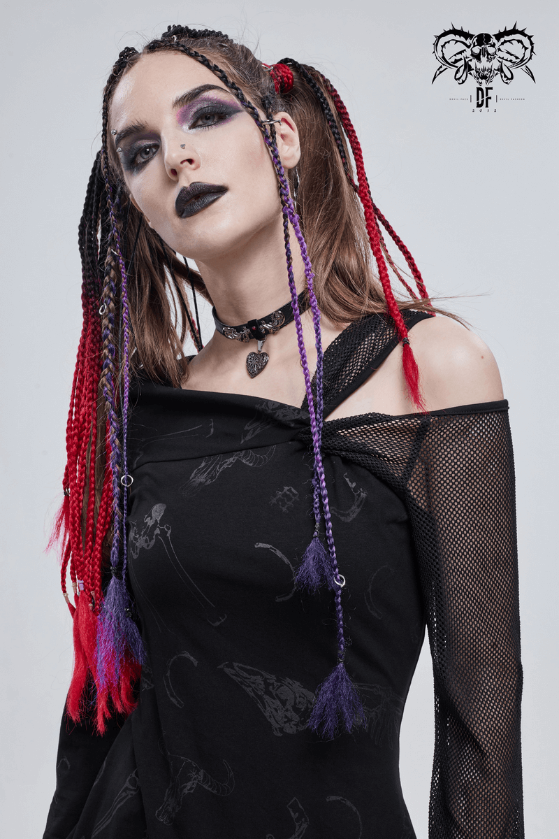 Sexy Women's Dress with Mesh Sleeve & Alternative Print / Gothic Asymmetrical Short Dress - image 14