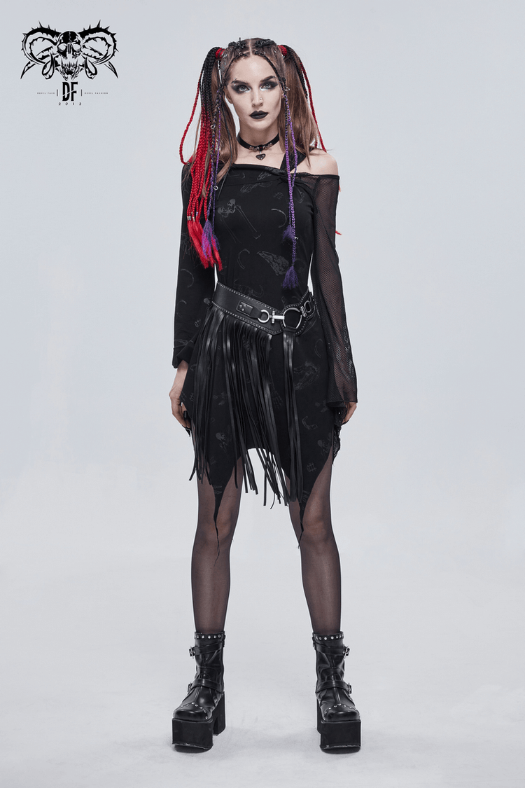 Sexy Women's Dress with Mesh Sleeve & Alternative Print / Gothic Asymmetrical Short Dress - image 10