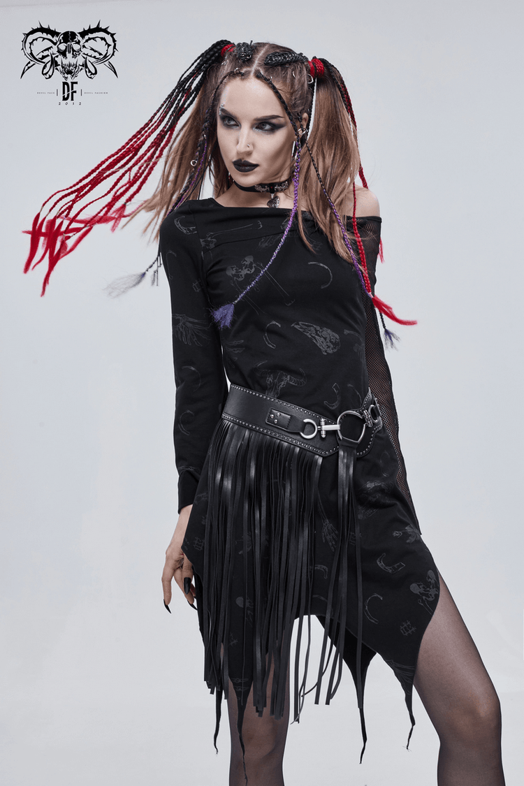 Sexy Women's Dress with Mesh Sleeve & Alternative Print / Gothic Asymmetrical Short Dress - image 13