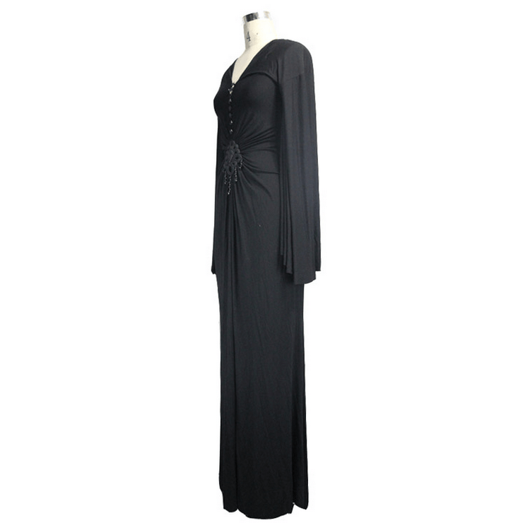 Sexy Women's Gothic Deep V-Neck Dress with Wide Sleeve / Black Ladies Long High Waist Dress - image 5