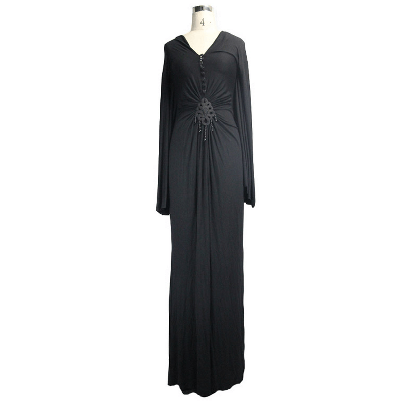 Sexy Women's Gothic Deep V-Neck Dress with Wide Sleeve / Black Ladies Long High Waist Dress - image 6