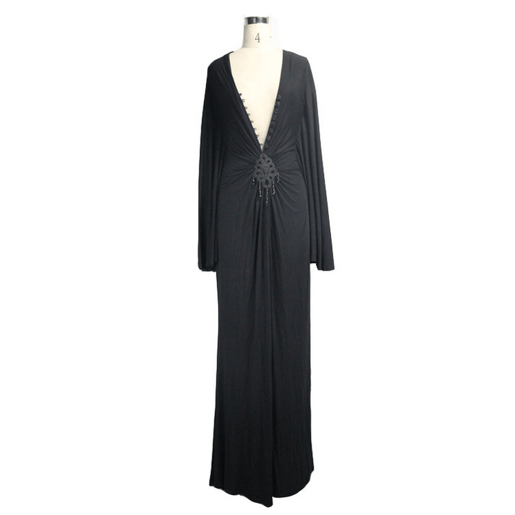 Sexy Women's Gothic Deep V-Neck Dress with Wide Sleeve / Black Ladies Long High Waist Dress - image 3