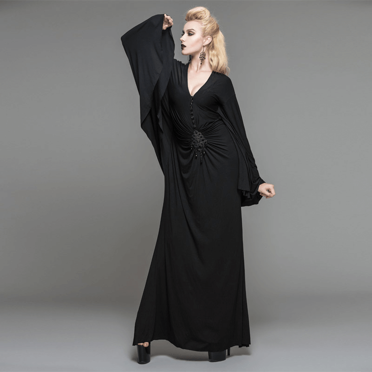 Sexy Women's Gothic Deep V-Neck Dress with Wide Sleeve / Black Ladies Long High Waist Dress - image 7