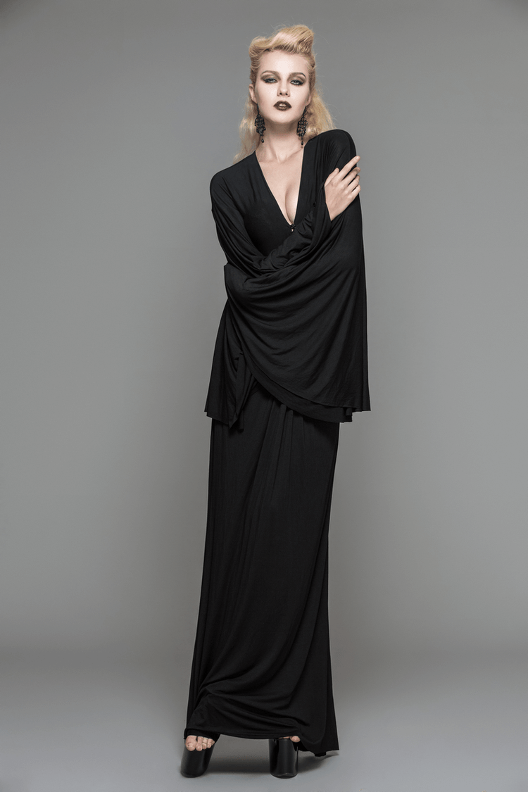 Sexy Women's Gothic Deep V-Neck Dress with Wide Sleeve / Black Ladies Long High Waist Dress - image 8