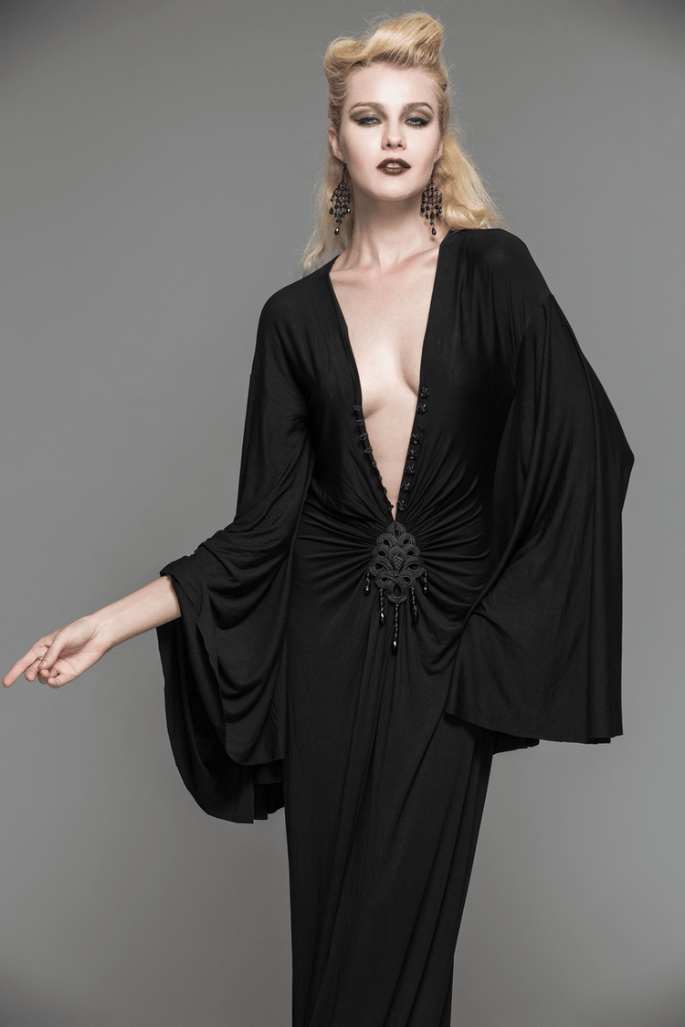 Sexy Women's Gothic Deep V-Neck Dress with Wide Sleeve / Black Ladies Long High Waist Dress - image 9