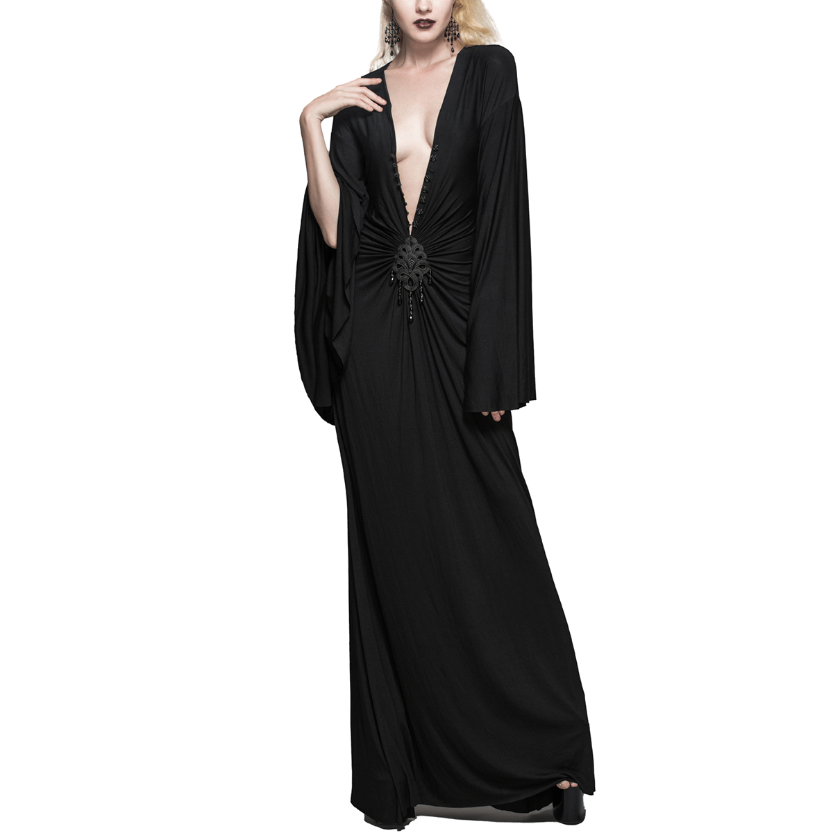 Sexy Women's Gothic Deep V-Neck Dress with Wide Sleeve / Black Ladies Long High Waist Dress - image 1