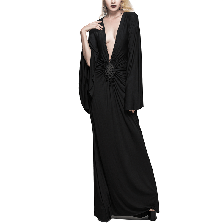 Sexy Women's Gothic Deep V-Neck Dress with Wide Sleeve / Black Ladies Long High Waist Dress - image 1