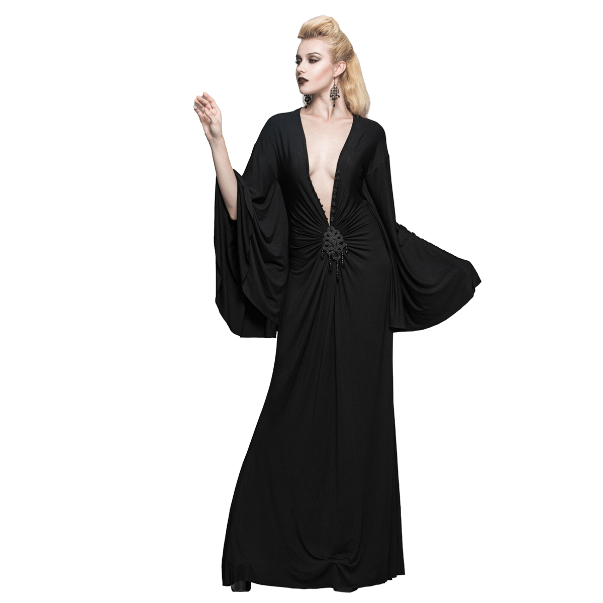 Sexy Women's Gothic Deep V-Neck Dress with Wide Sleeve / Black Ladies Long High Waist Dress - image 2